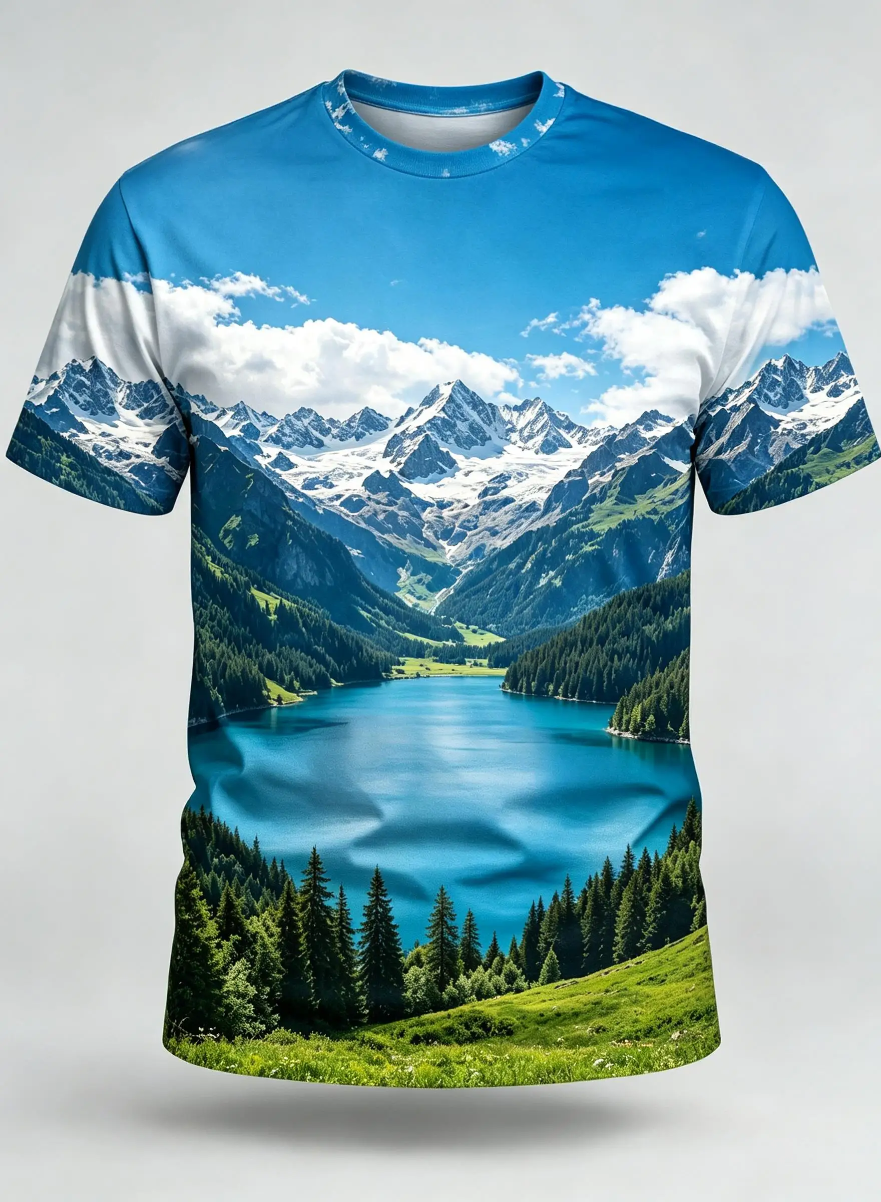 Men's Autumn Mountain River Landscape 3D Print T Shirt, Casual Round Neck Nature Graphic Short Sleeve Tops