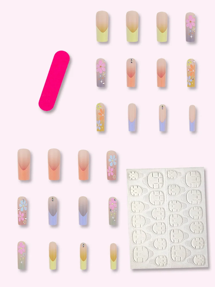 24-Piece Coffin-Shaped ABS Fake Nails Multicolored French Multicolored Flowers Cute Sweet Sparkling Diamonds Dot Pressed Finger