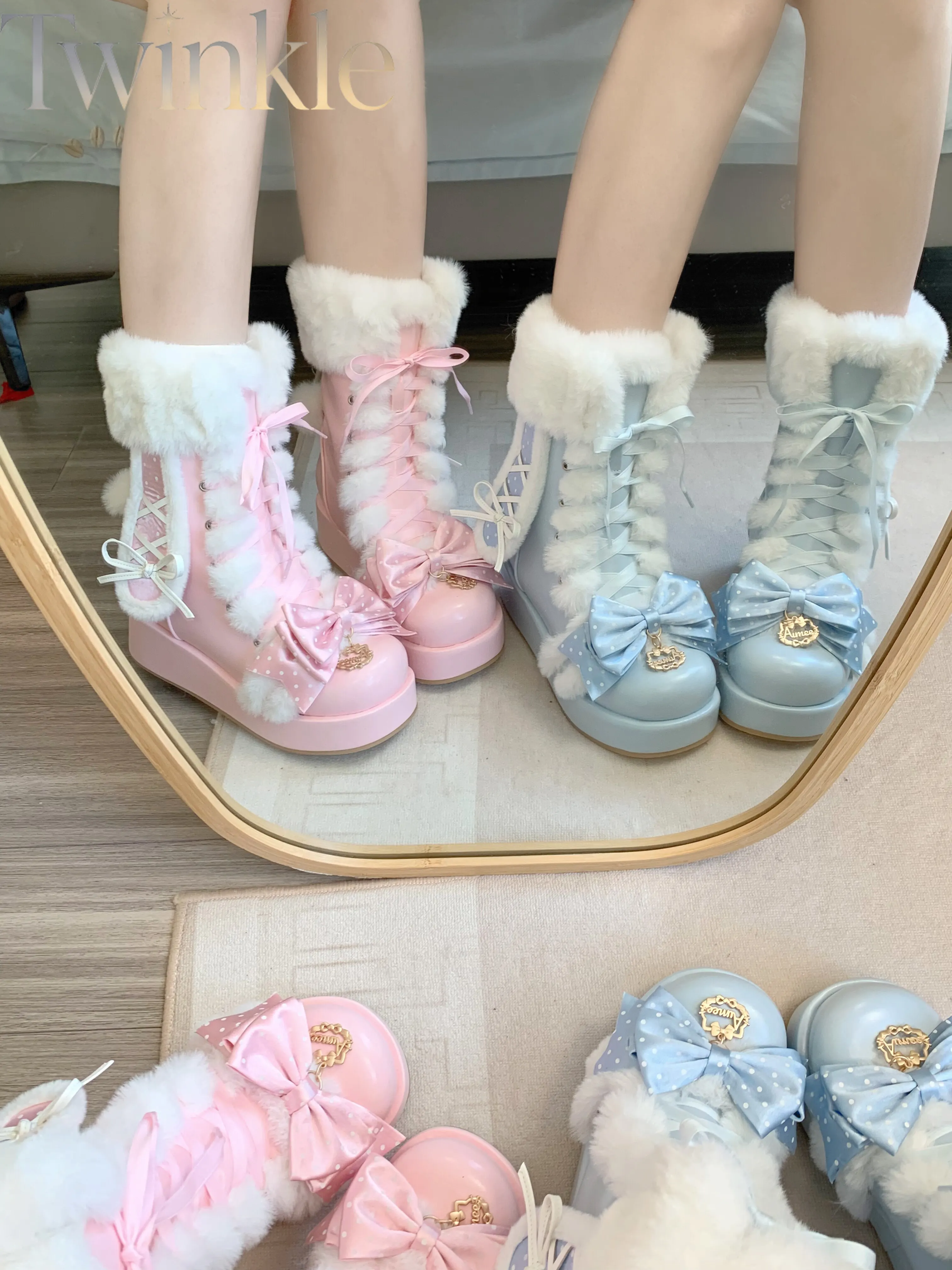 Sweet Lolita Winter Ankle Boots Women Round Toe Fleece Lined Cute Bow Ear Criss Cross Ribbon Short Boots Girls Shoes