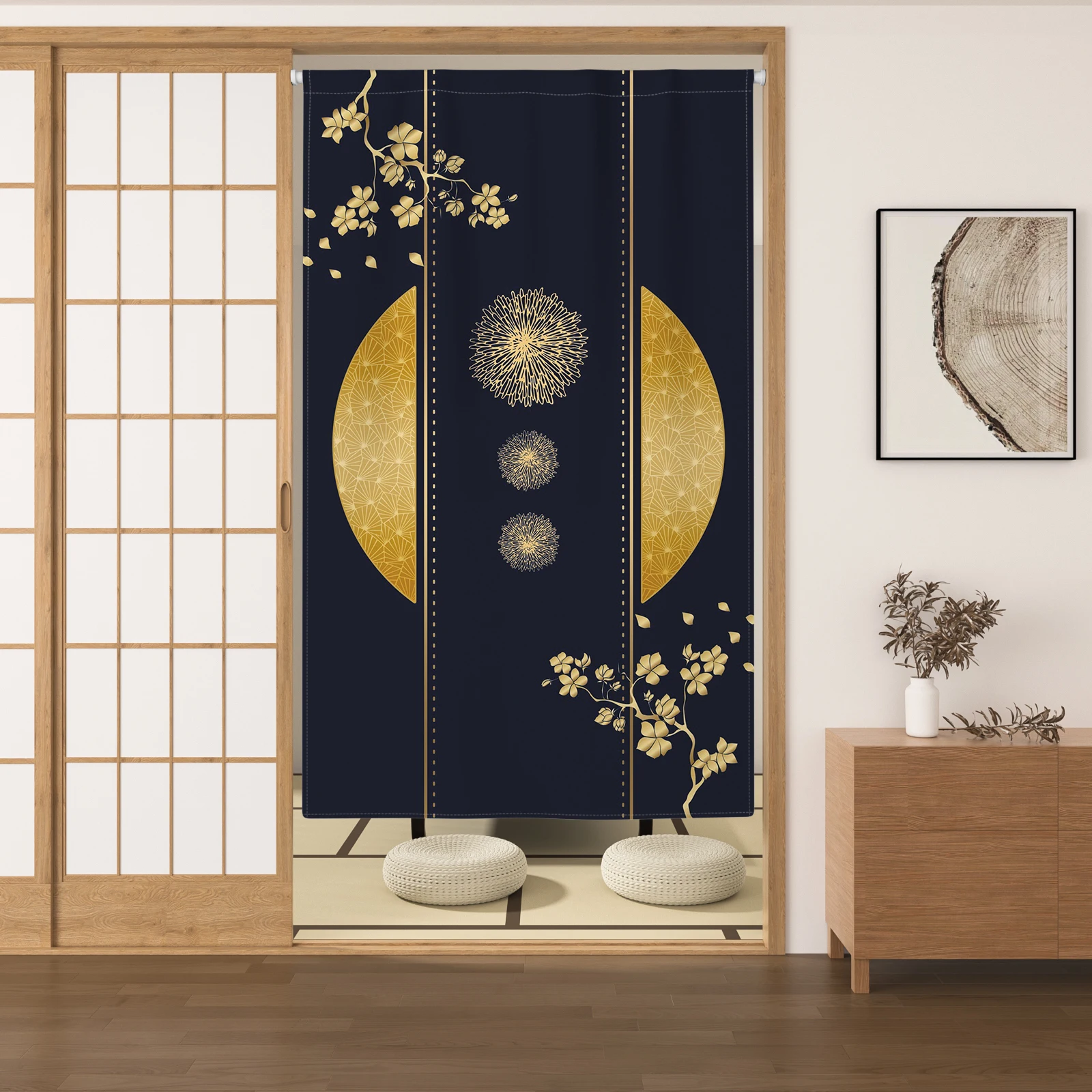 Japanese Noren Door Curtain Koi Fish and Moon Gold Foil Pattern Design Split Half Curtain for Living Room Bedroom Decoration