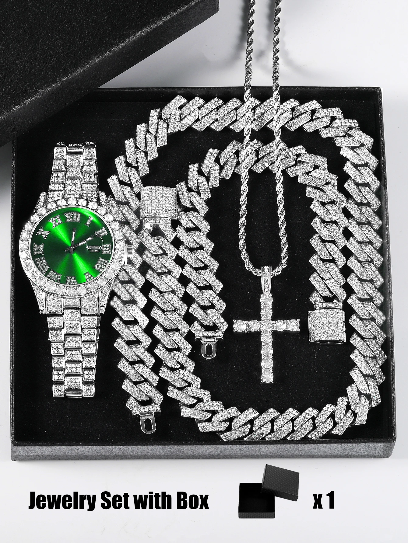 Quartz Watch Set Gift Box Cuban Necklace Bracelet Cross Classic Full Diamond Watch Shining Luxury Gift giving Festival Chain Hip