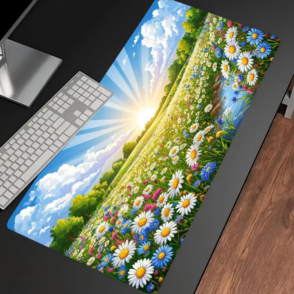 Natural Daisy Meadow Large Extended Gaming Mouse Pad Non Slip Desk Surface Sunrise Landscape Print For Gaming And Office Setup