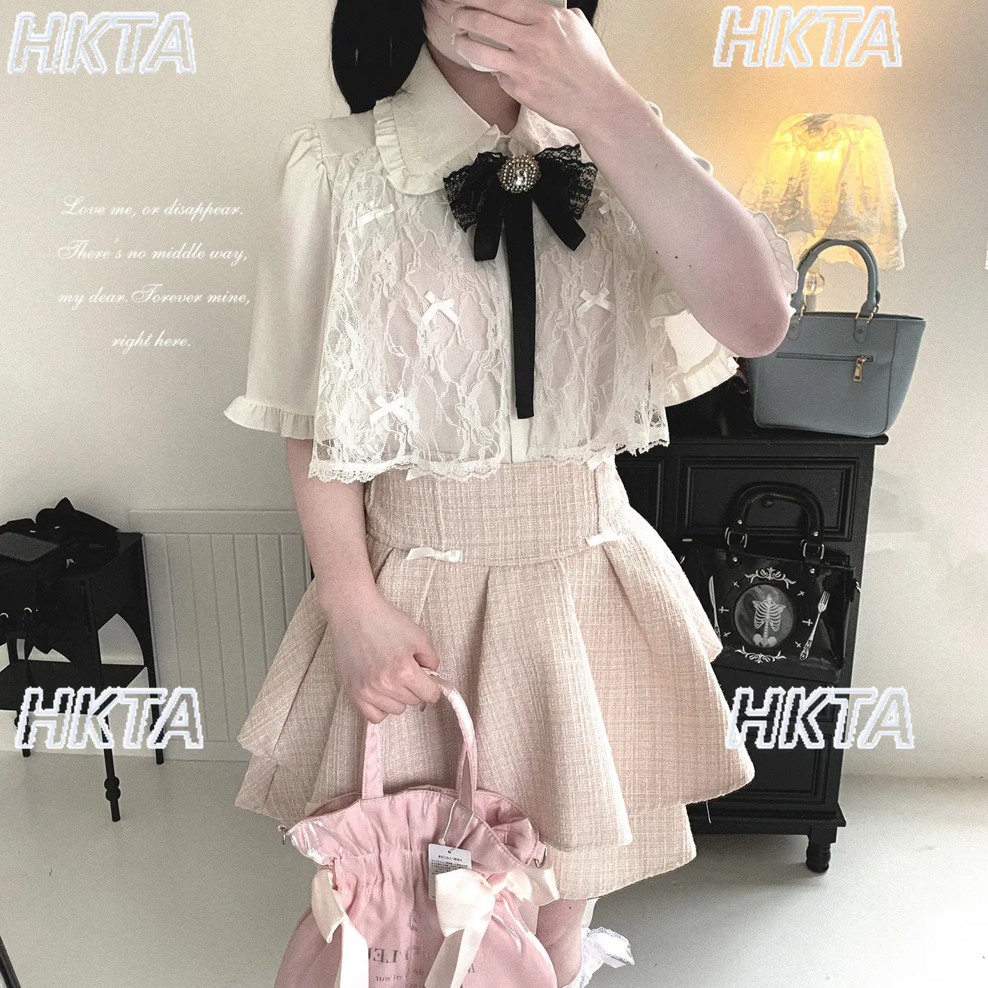 Japanese Sweet Cute Bow Lace Petals Half Sleeve Pleated Lapel Black Shirt Top Lolita Kawaii Loose Versatile Chiffon Blusas Women