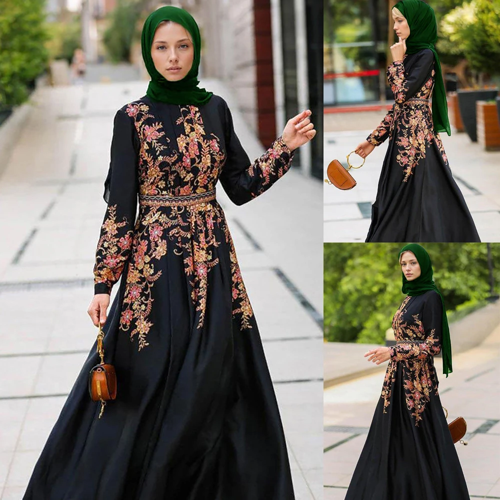 

Women Dubai Turkey Muslim Dress Floral Printed Long Sleeve Maxi Robe Bohemian Vintage Elegant Party Sundress Islamic Vestidos