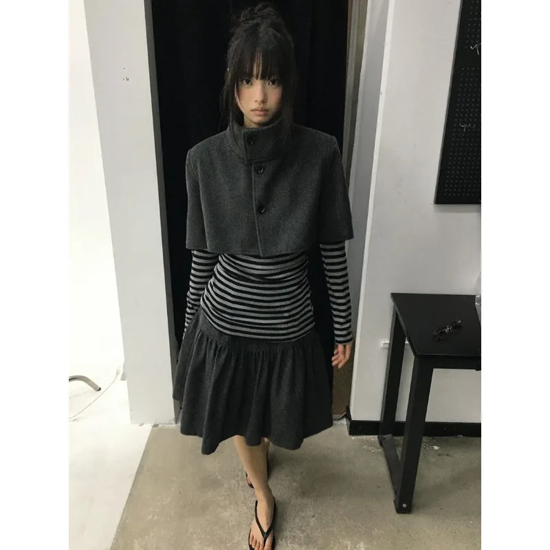 Japanese Retro Classic Striped Long Sleeved Top Dark Gray High Neck Vest Casual Waist Cinched Skirt Elegant Simple 3 Piece Set