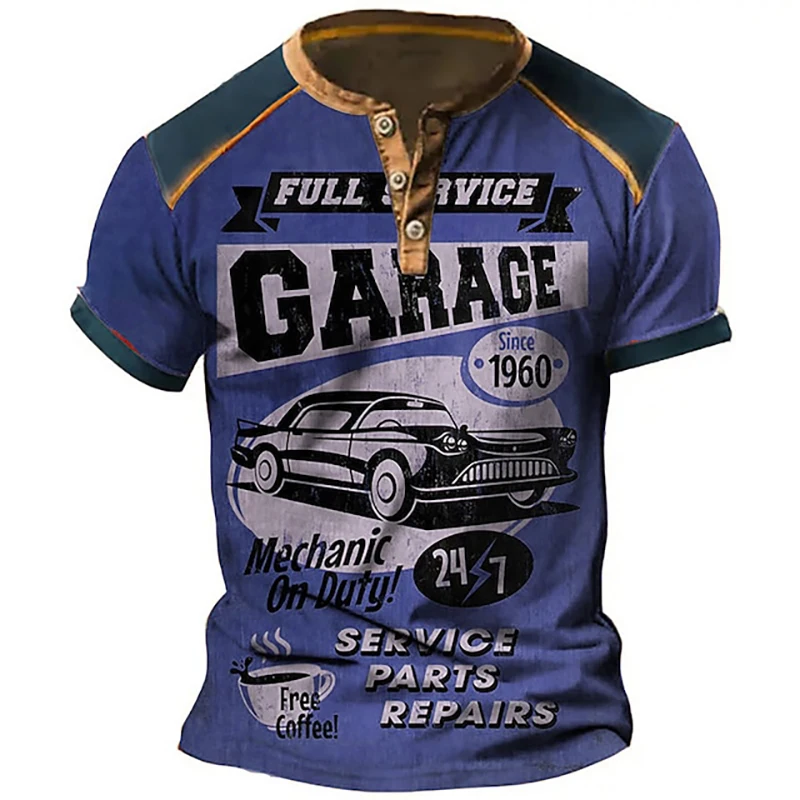 Car Graphic 3D Print Vintage Henley Shirts Men\'s Fashion Oversized Button-Down Short Sleeve T Shirt Man Male Tees Tops Clothing