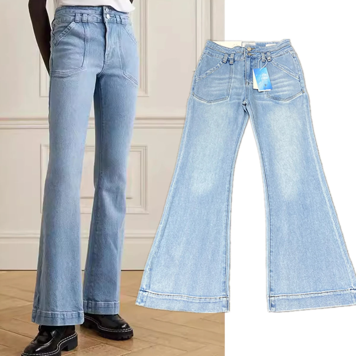 

Withered Minimalist Elastic Comfortable Slim Fit Washed Light Blue Flare Denim Pants Women Soft Jeans Cropped Jeans Women