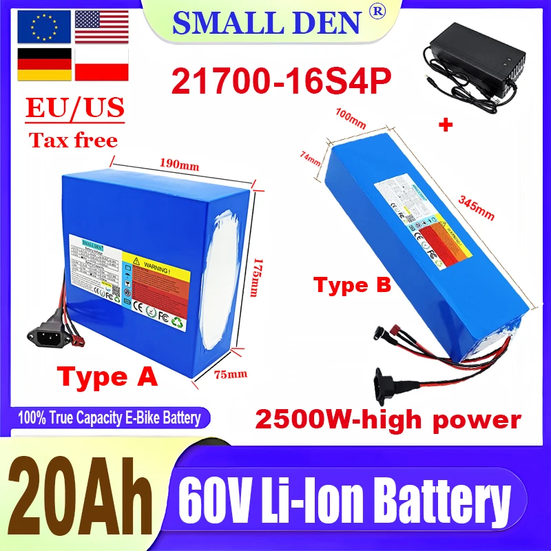 New original 60V 20Ah battery 21700 16S4P 20000mAh 2500W high-power lithium battery with built-in BMS lithium-ion battery pack