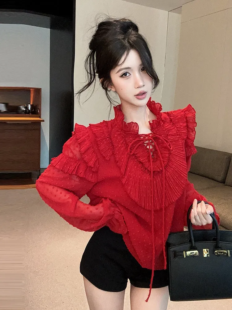 Elegant Christmas Red Ruffled Collar Long Sleeve Chiffon Shirt Blouse Women Spring Frill Tie Bottoming Shirts Office Versatile