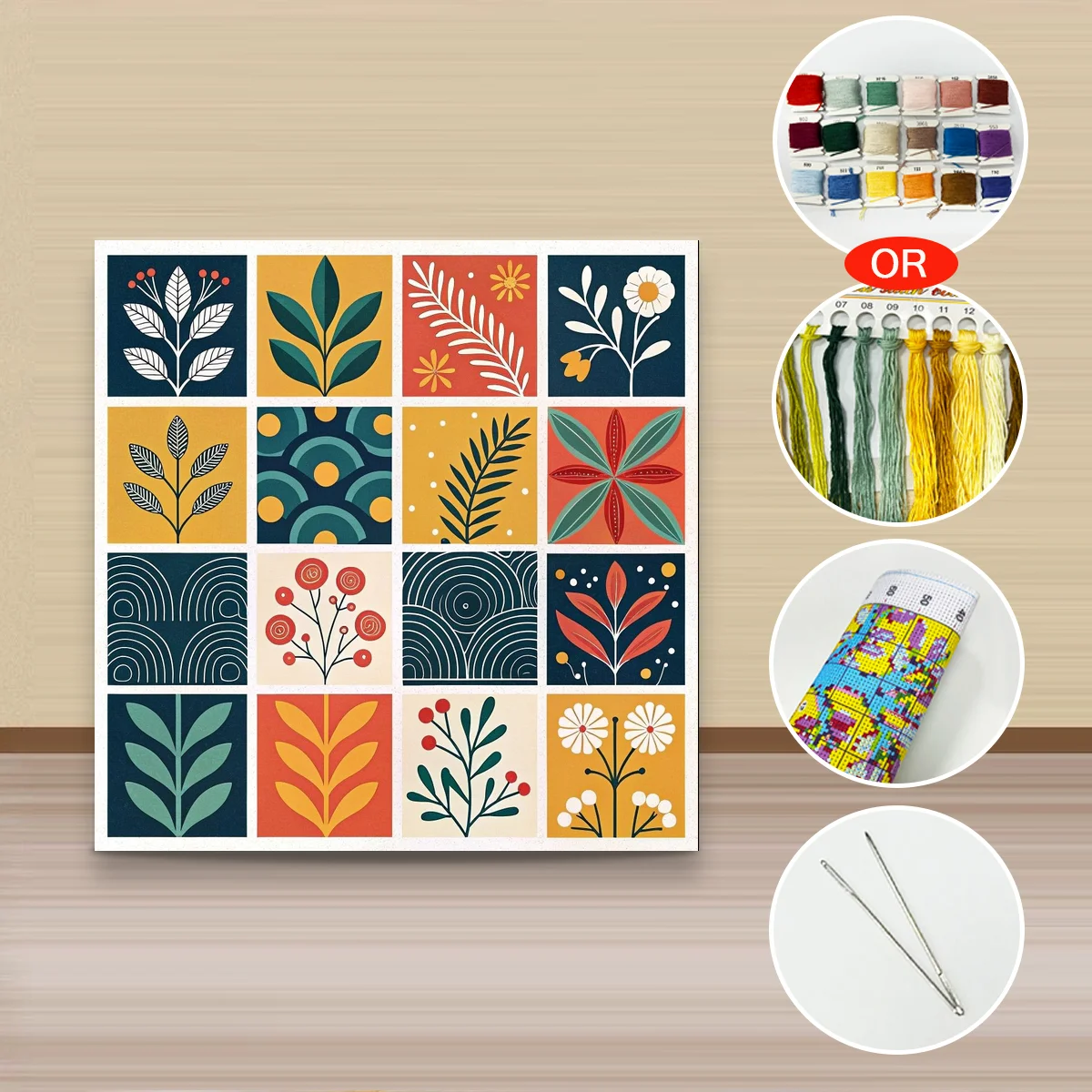 1PC 40X40CM/15.74in ,11Ct/14Ct Cross Stitch Kit Diy Valentine's Day Gift Embroidery Set For Festival,Botanical Tile Pattern