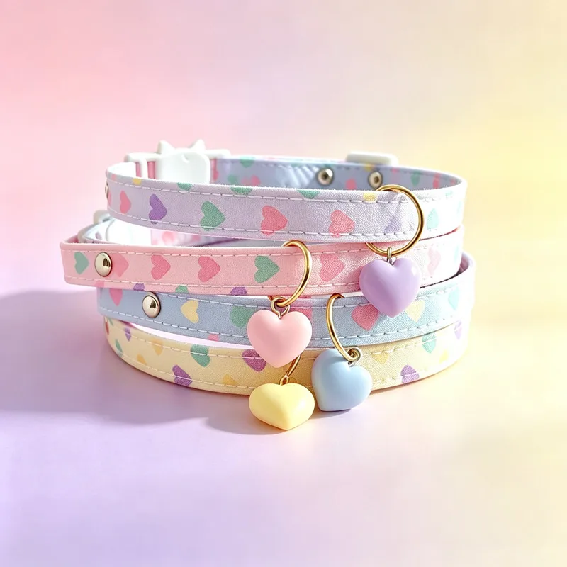 Colorful Heart Print Cat Collar with Matte Heart Pendant Breakaway Buckle Adjustable Pet Collar for Kitten Small Cat Daily Wear