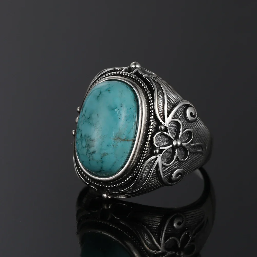 Vintage S925 Sterling Silver Ring Natural Turquoise Rings Luxury Jewelry Party Anniversary Birthday Gift for Women Man