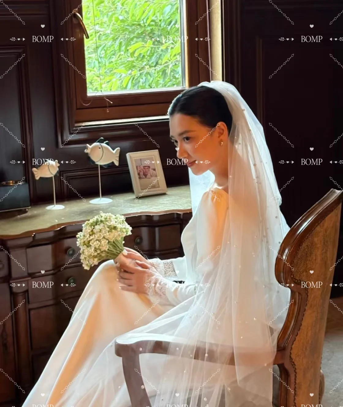 BOMP Vintage corée robe de mariée manches longues balayage Train ivoire Satin séance Photo robe de réception de mariée personnalisé ...........