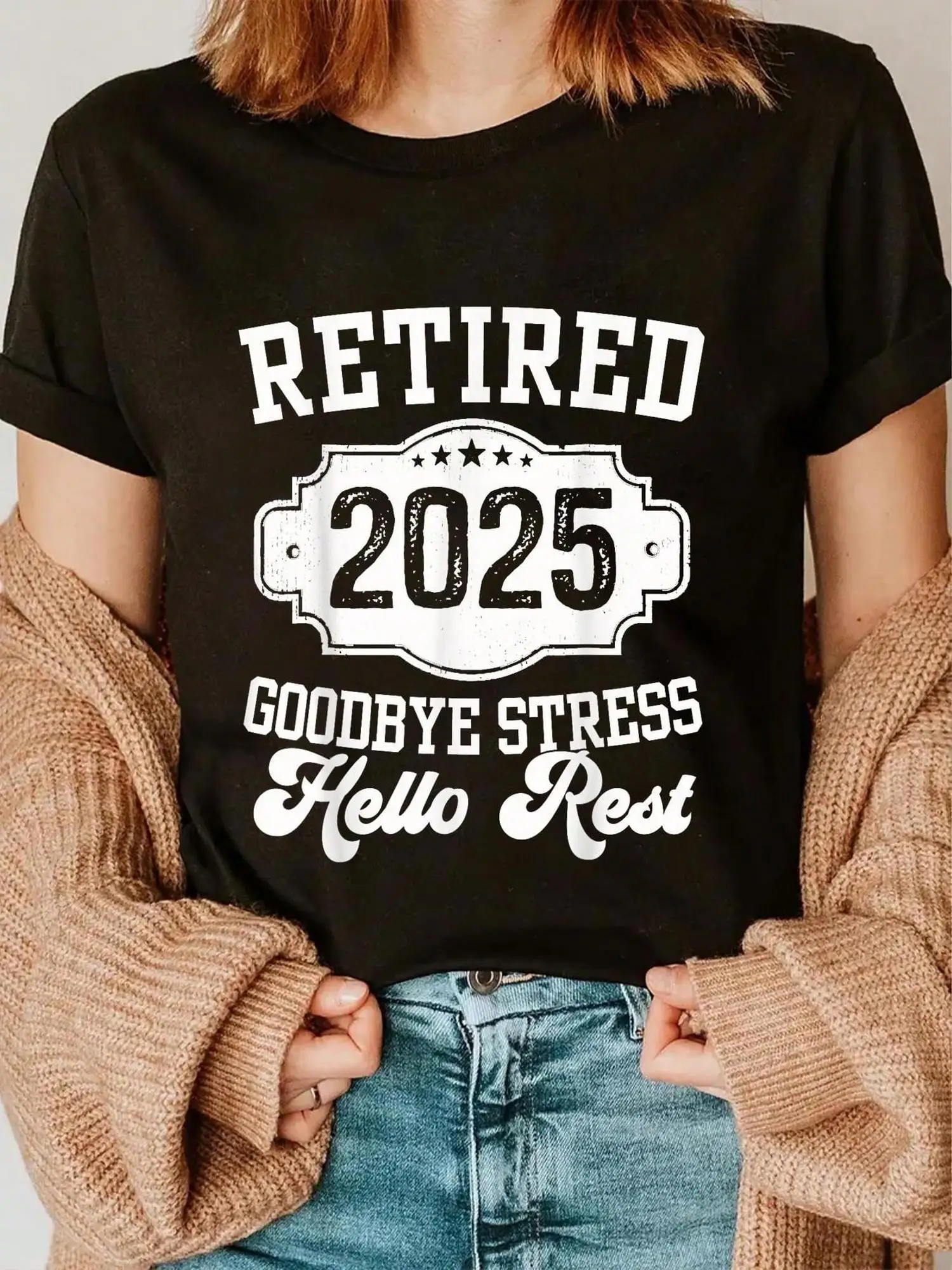 

Retired 2025 Goodbye Stress Hello Rest T-Shirt for Men Women Casual Black Tee with Golden Lettering Star Heart Short Sleeve Tee
