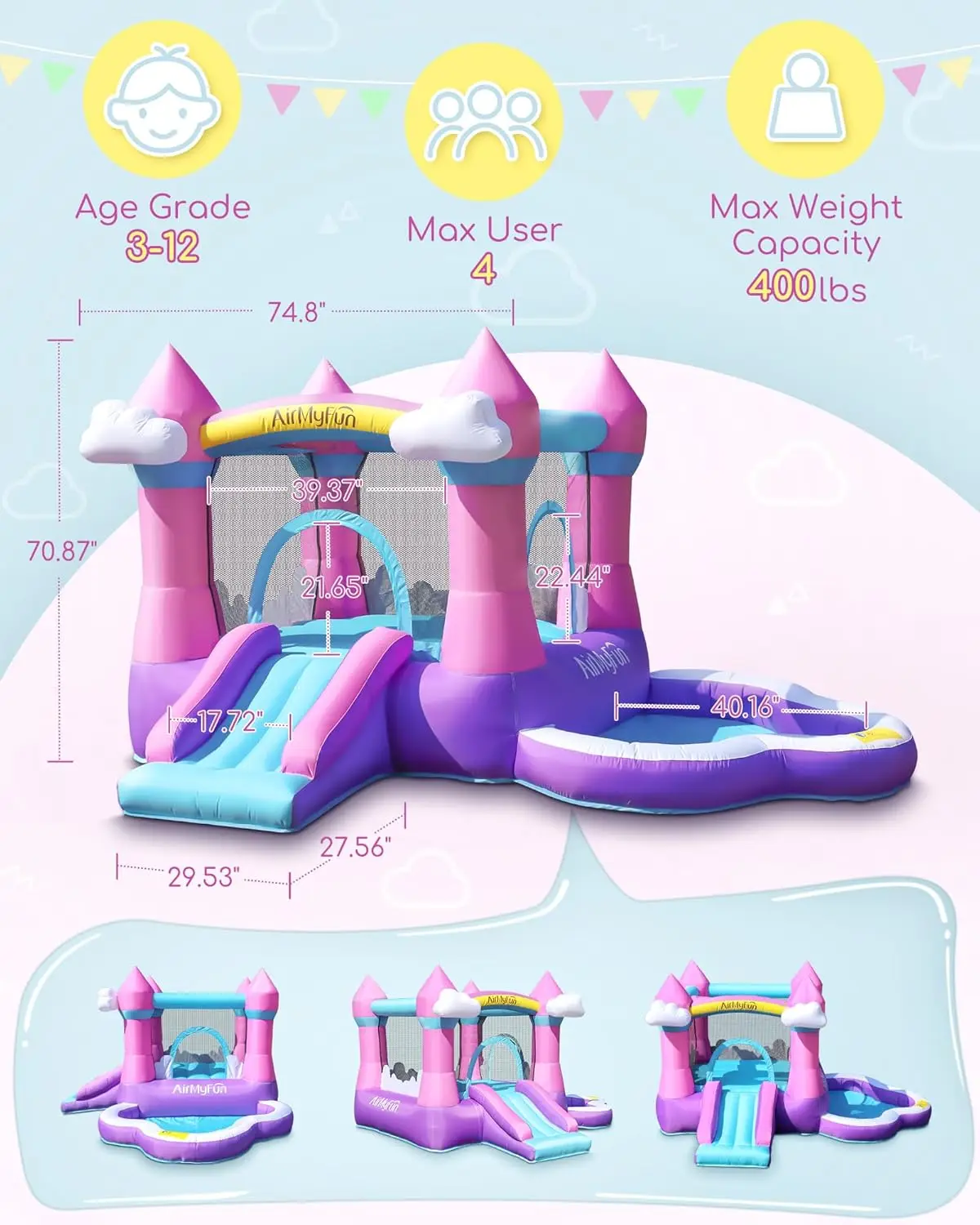 House for Kids 3-8 - Bouncy Castle with Slide, Blower, Water Pool and Ball Pit, Perfect for