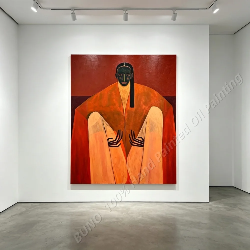 Hand Painted Abstract Oil Painting Mid-Century Terracotta Figure Wall Art for Living Room Bedroom Home Decor Original Artwork
