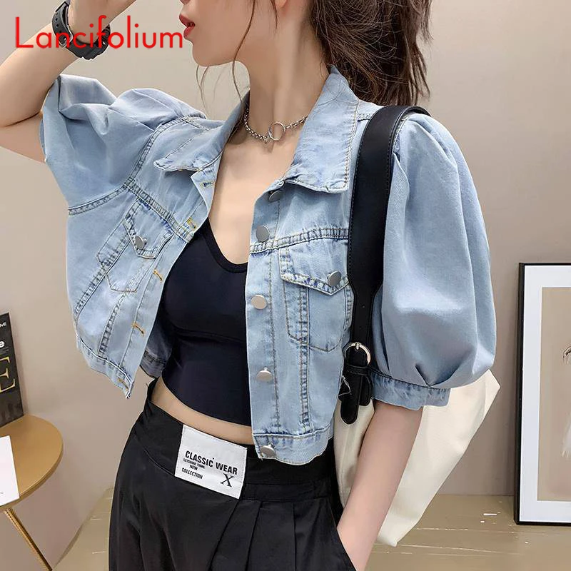 Summer Thin Basic Korean Fashion Baggy Denim Jacket Dress Suit Pants Matching Short Puff Sleeve Crop Top Jeans Jacket Women 2022