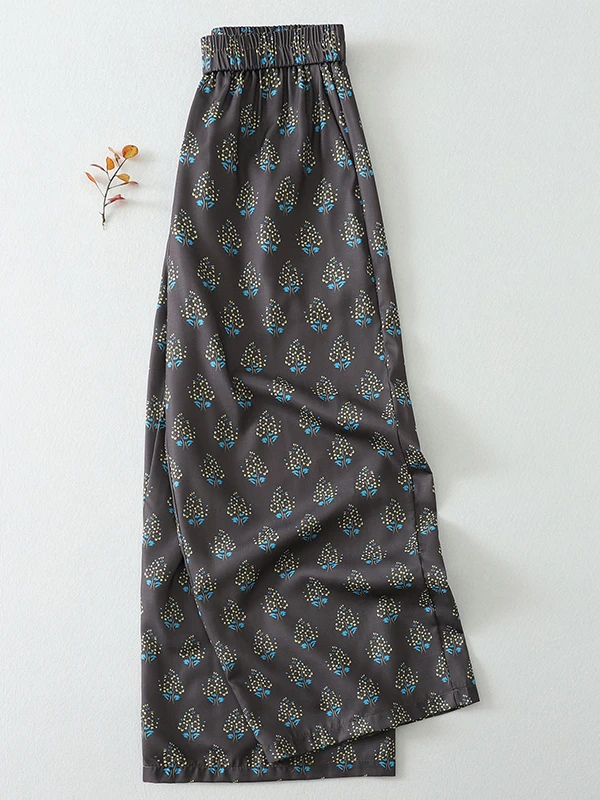 Retro Deep Grey Floral Print Wide Leg Pants Women's Casual High Waist Cotton Linen Blend Summer New Style Loose Fit Trousers