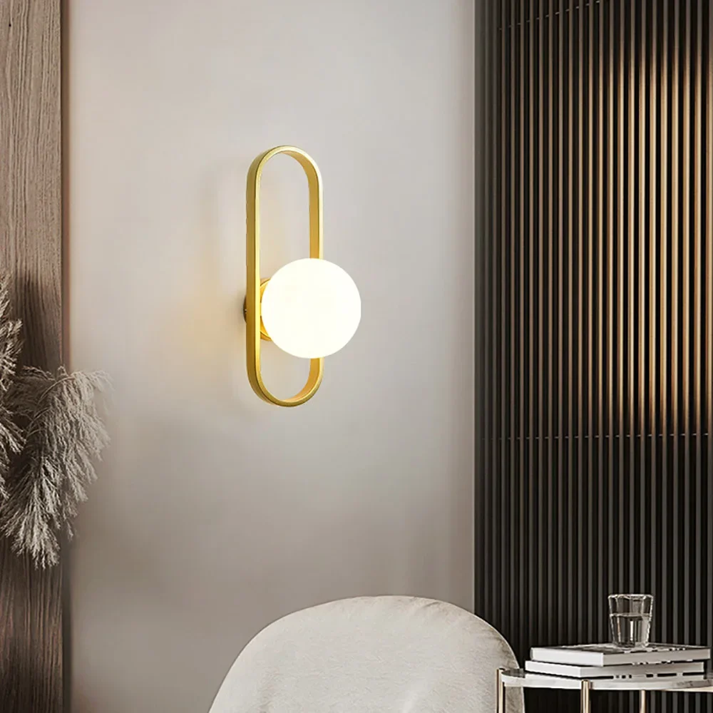 Modern LED Glass Ball Wall Lamp, Golden Upholstery Light, Living Room, Bedroom, Bedside, Aisle, Stair, 96-220V