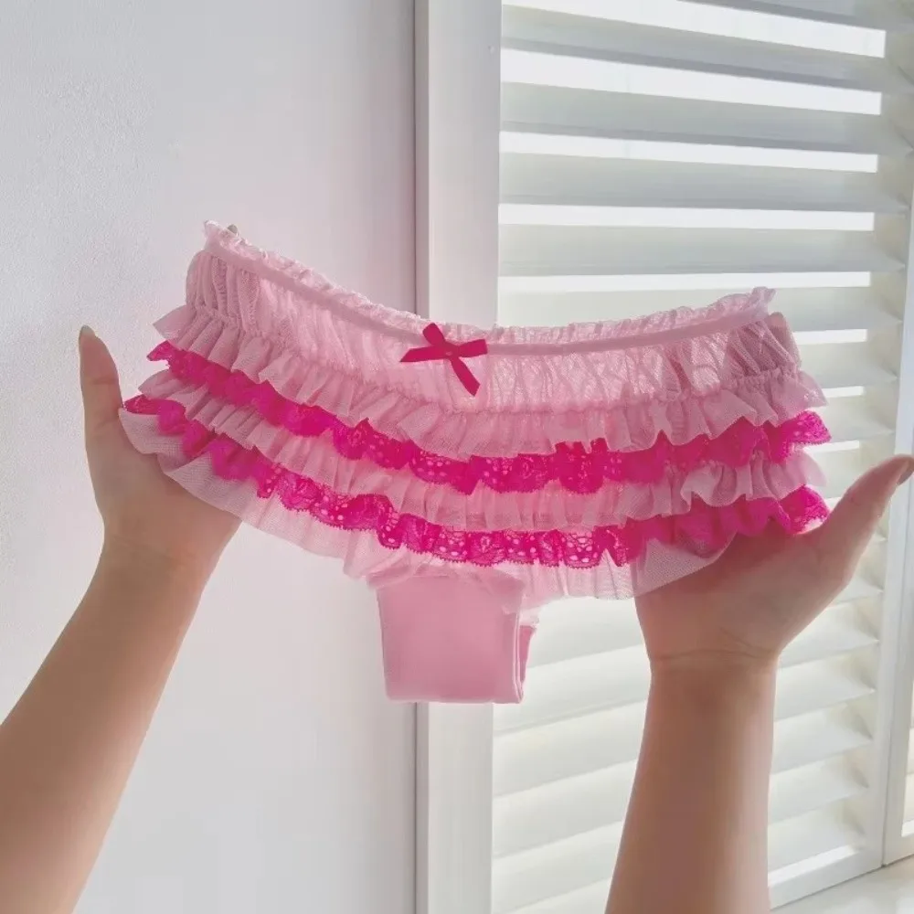 Cotton Crotch Women's Lace Panties Sweet Bow Lace Trim Low Rise Briefs Breathable Mesh Layered Ruffles Ruffled Lace Panties
