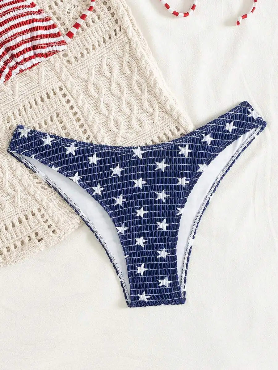 Womens USA Flag Print Smocked Bikini Set Halter Backless Top Side Strap Bottom