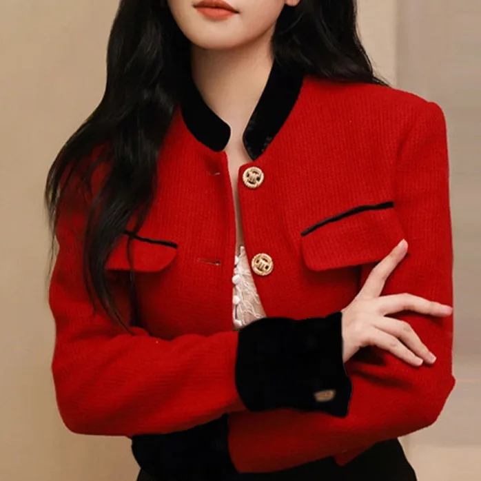 

Spring 2026 High-End Tweed Short Jacket Small Fragrance Style Red Outerwear Women's Fashion Commute Style Regular Thickness