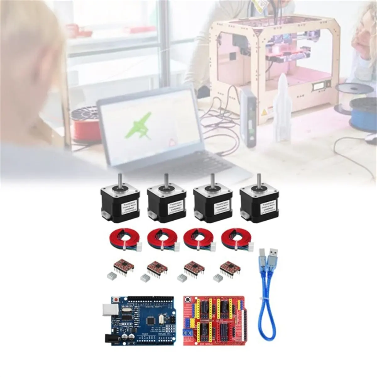 (AIMA) Motor paso a paso Nema17 de 4 hilos 17HS4401S + Máquina de grabado CNC-Shield V3 + 4 placas de expansión de controlador A4988 Kit de impresora 3D