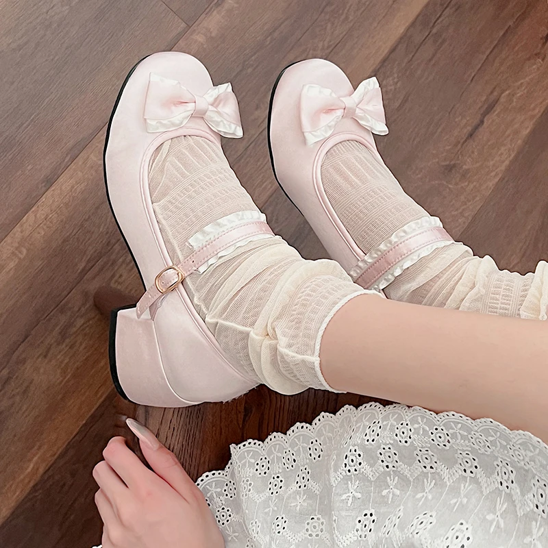 

New Women Pumps Ladies Ballet Mary Jane Riband Chunky Heel Shallow Sandals Female Lolita Round Toe Sweet Bow-knot Cozy Shoes