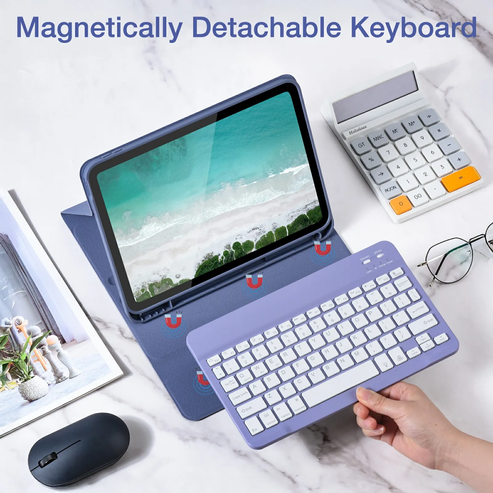 SK-1099D Для iPad (2025)/10.9 (2022) Кожаный чехол для планшета с клавиатурой BT — серый, синий