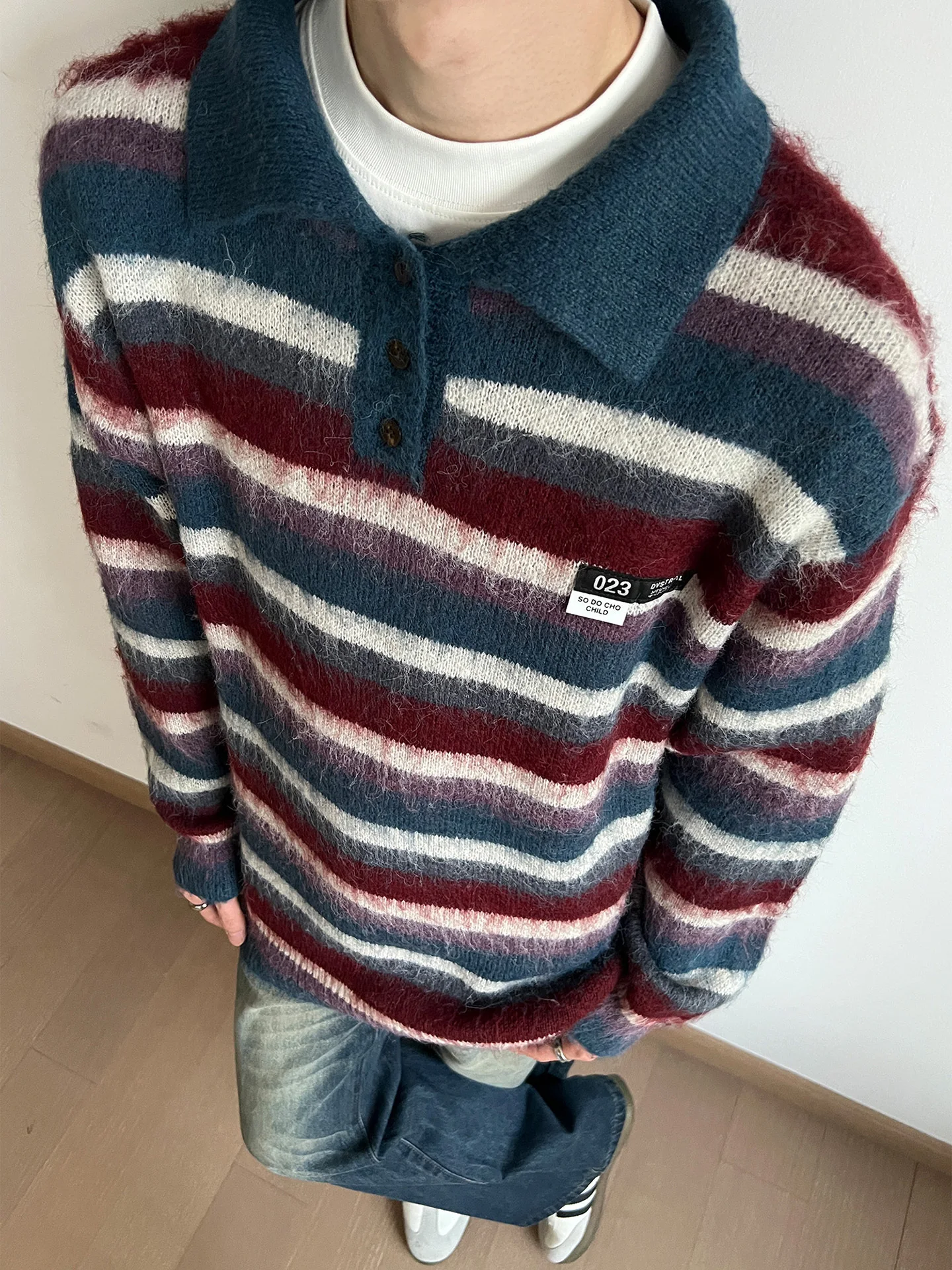

Retro American Ne Striped Sweater Men's Autumn Winter Loose Collar Lazy Aosphere Color Colion Knitted Sweater