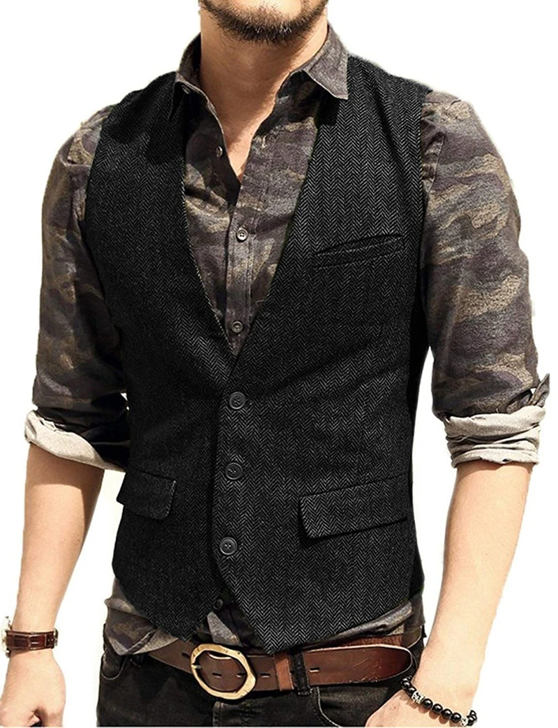 Deep V-Neck Suit Vests Classical Formal Business Herringbone Wood Waistcoat Slim Fit Men's Vest For Wedding