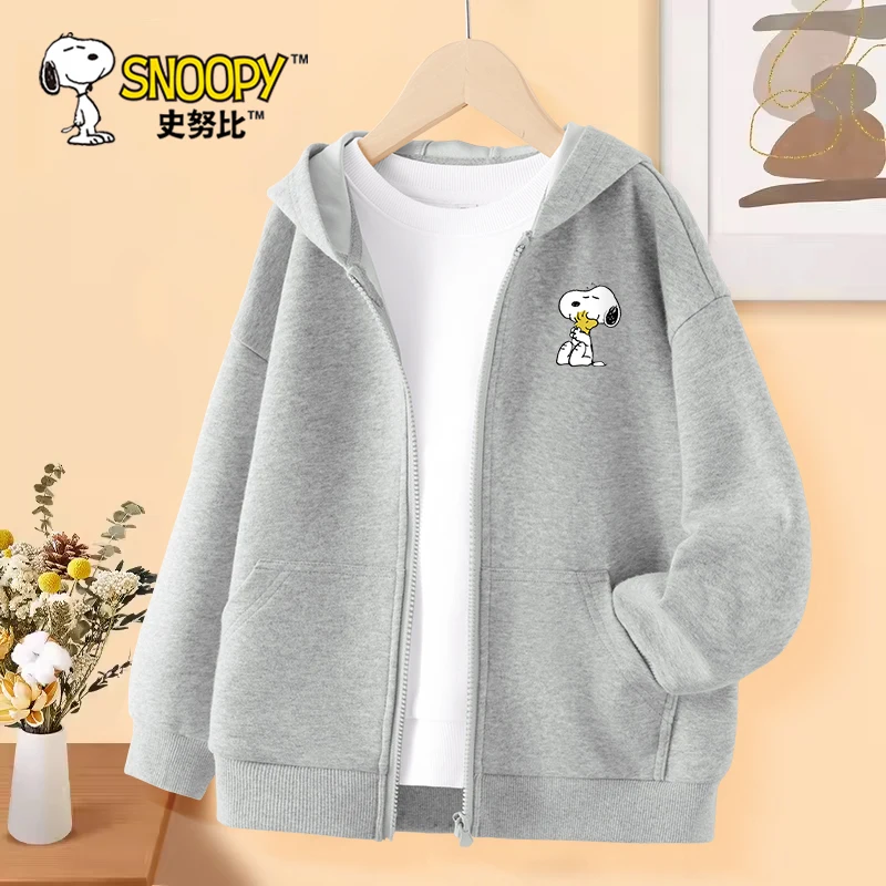 Snoopy Boys Zipper Jacket Spring and Autumn 2024 Older Children\'s Grey Thin Cardigan Sweater Cardigan Children\'s Autumn Top