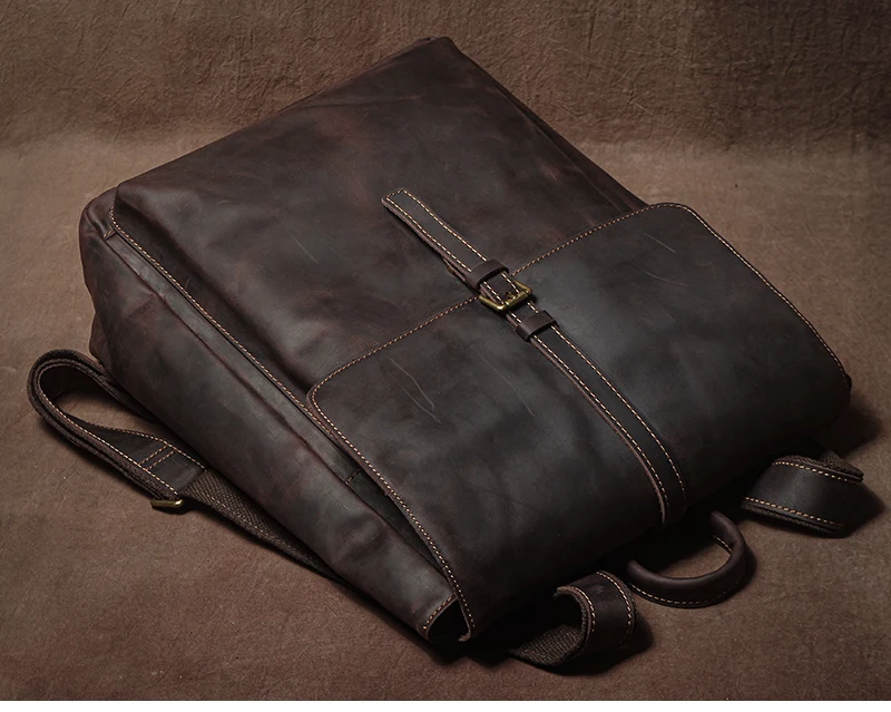 GURO Men's Retro Genuine Leather Backpack Simple Flap Travel Bag Women Natural Cowhide Deluxe Schoolbag Daily Commuter Backpacks