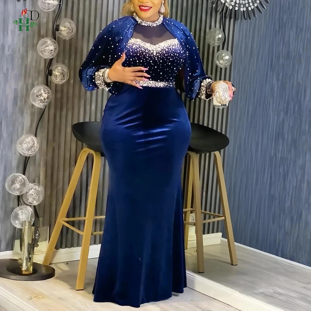 

Fashion African Party Dresses For Women Dubai Ankara Wedding Evening Velvet Gown Plus Size Elegant Christmas Maxi Turkey Dress