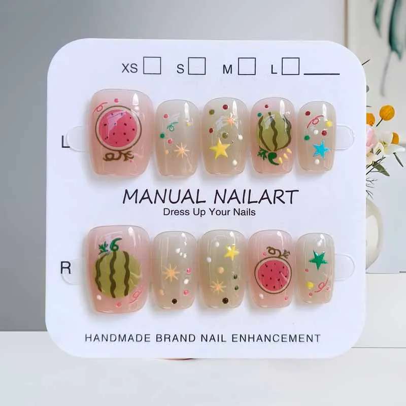 10 pièces mignon fruits pastèque ananas doux Cool oeil de chat personnalisé stéréoscopique presse sur ongles Nail Art faux ongles Patch