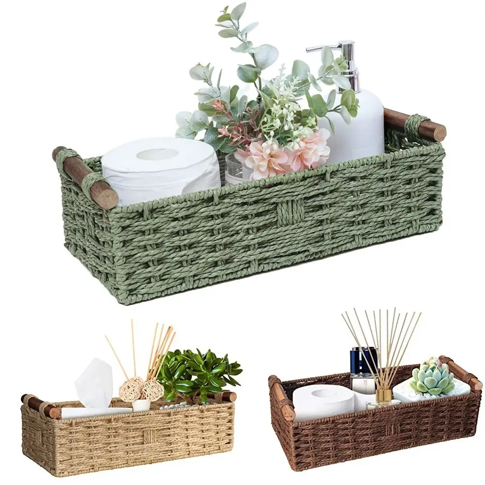 

New Paper Rope Storage Basket with Handle Organizing Wicker Baskets Decorative Handmade Countertop Storage Bins High Quality