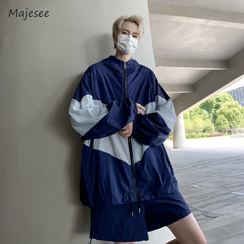 Men's Sets Hooded Patchwork Sun-proof Thin Jackets Solid Simple Elastic Waist Shorts Unisex Traveling Japanese Style Summer Chic