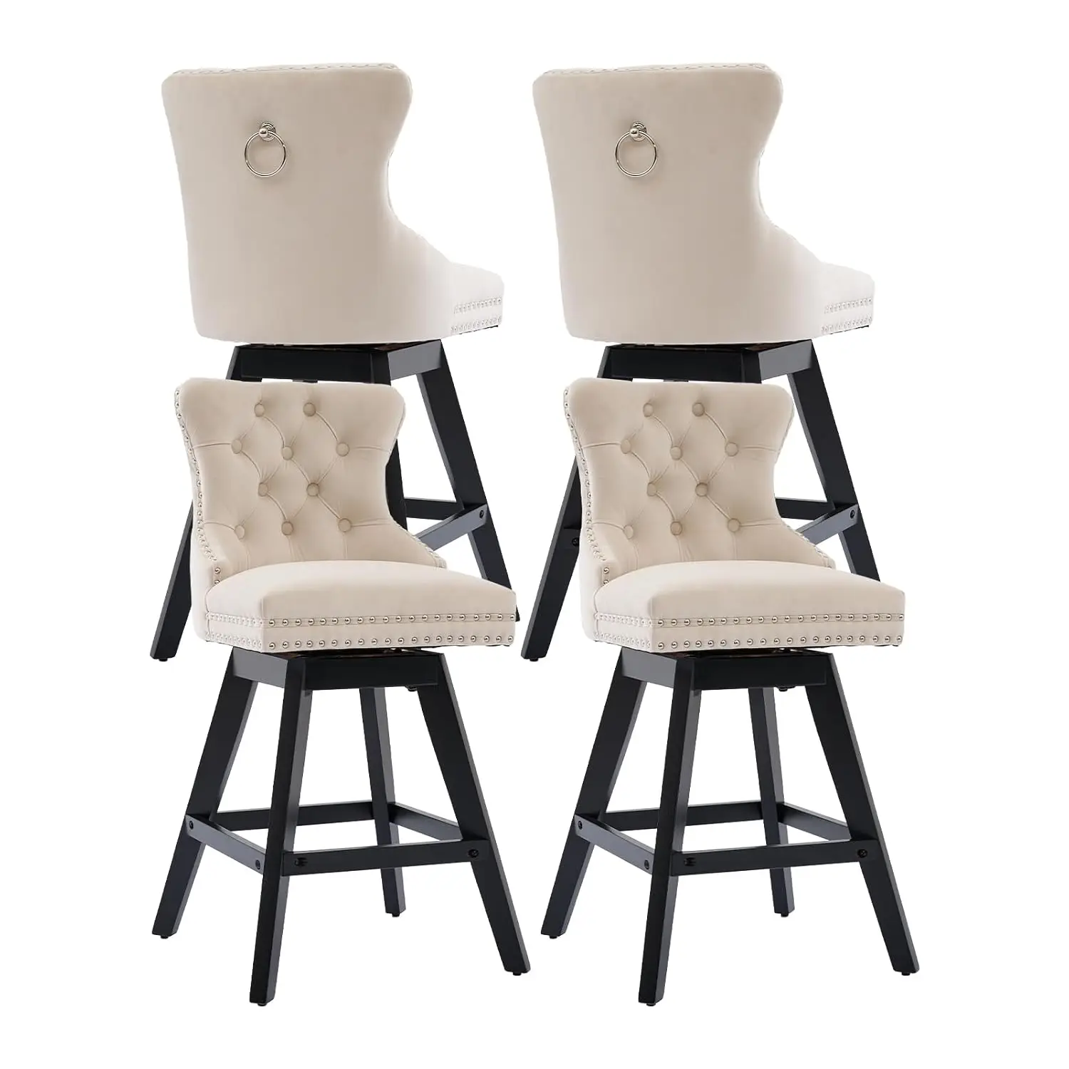 

Velvet Swivel Counter Height Bar Stools Set of 4 Upholstered Tufted Back Rivet Trim Wood Legs 26" H Beige, Customized