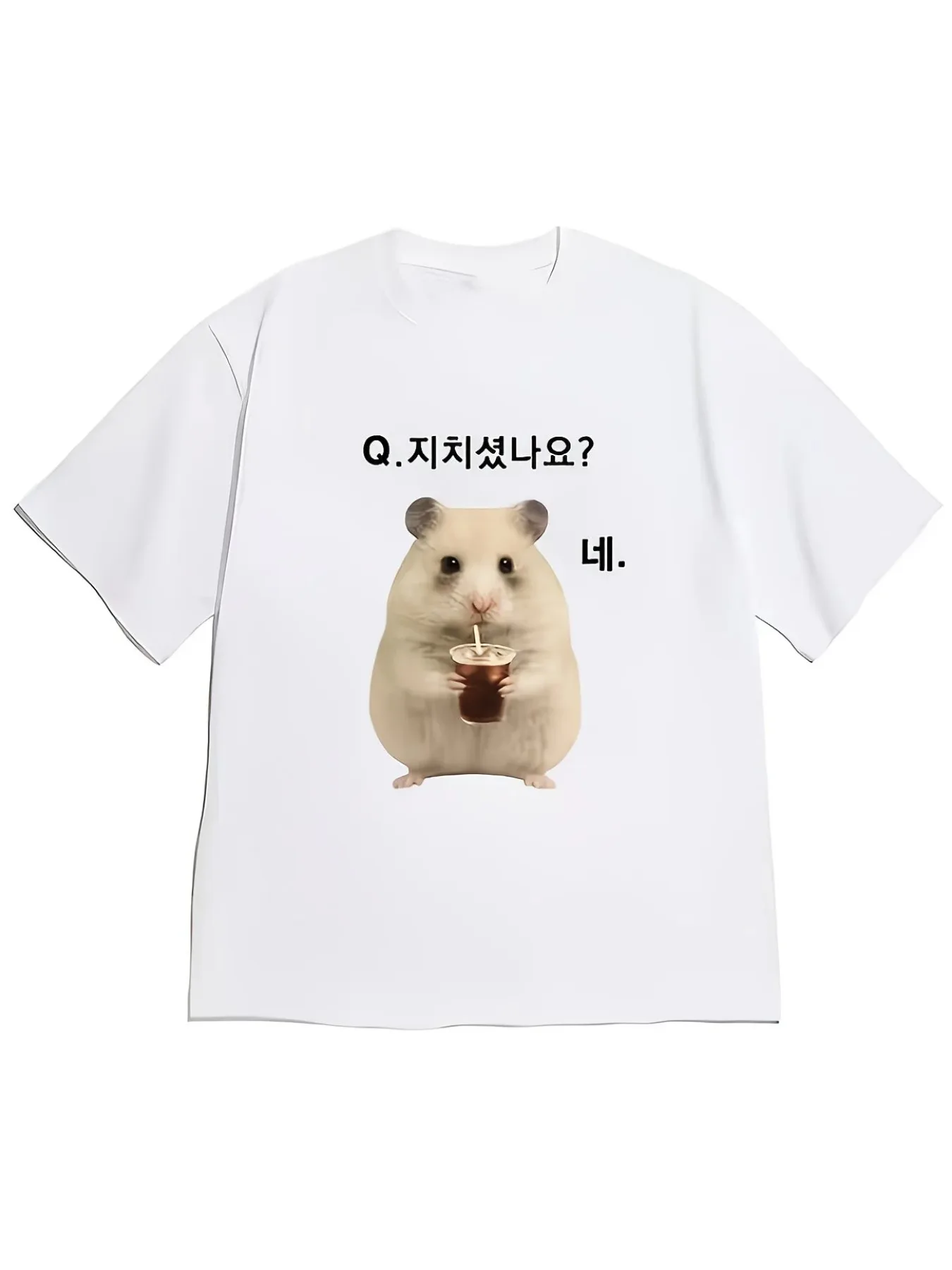 Funny Hamster T Shirt Men Women Short Sleeve Chubby Hamster with Coffee Cup Hangul Meme Print Crew Neck Cotton Daily Casual Tee