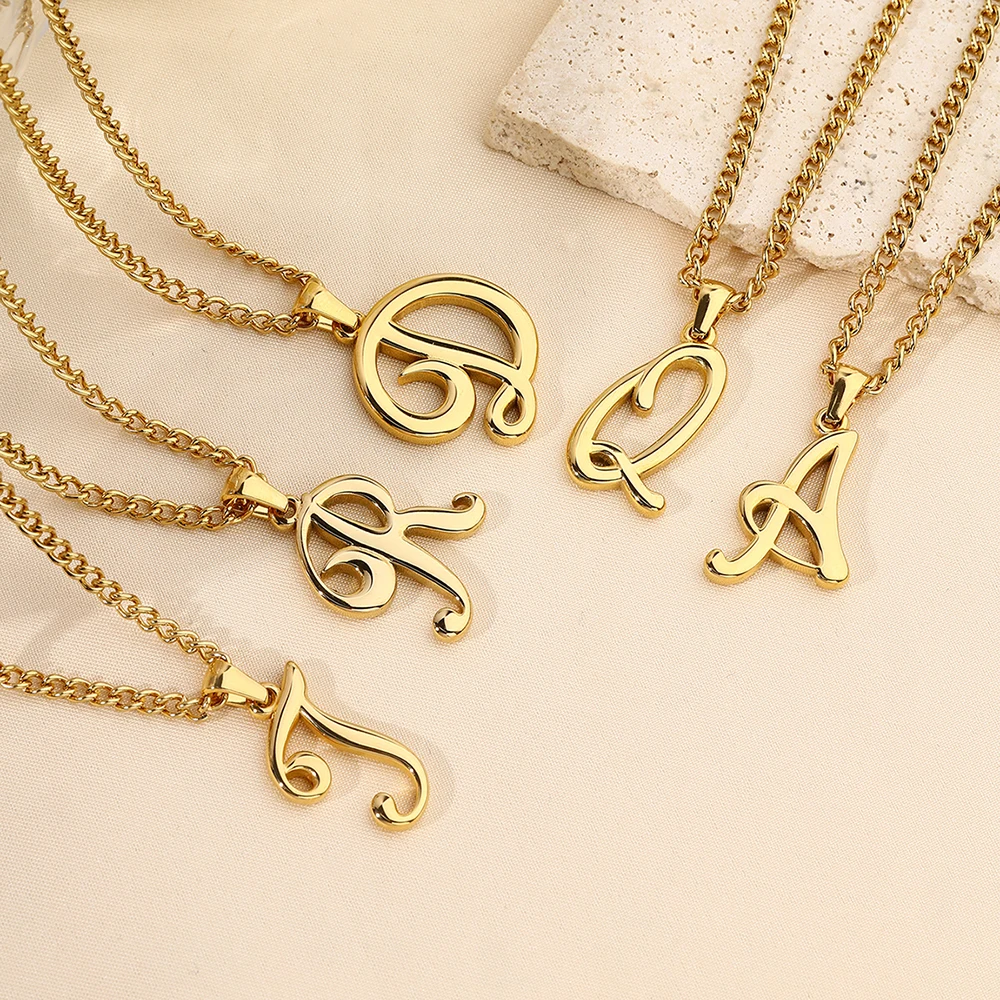 Hip Hop Stainess Steel Initial A-Z Cursive Letters Alphabet Necklace & Pendant For Men Women Jewelry With Choker Chain Birthday