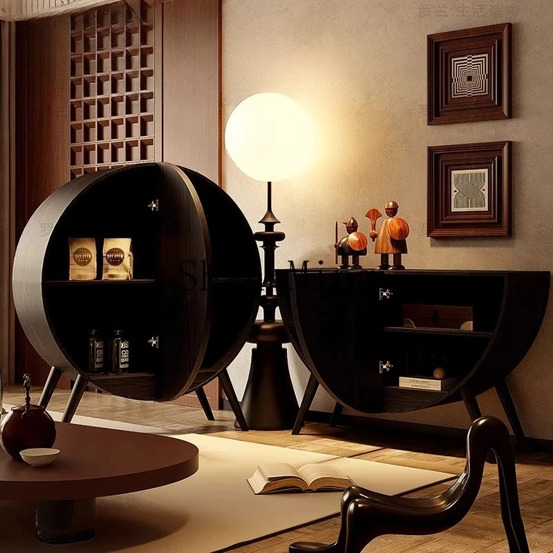 

FG Retro Solid Wood Round Cabinet Home Bedroom Bedside Storage Living Room Storage Entrance Integrated Vertical Cabinet