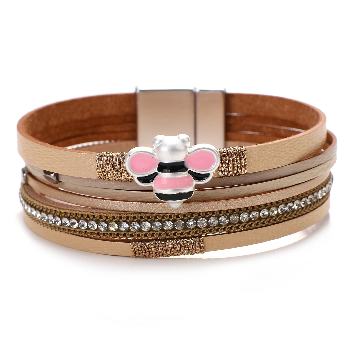 

Amorcome Fashion Rhinestone Multilayer Leather Wrap Bracelet Cute Bee Charm Bracelets for Women Bohemian Femme Jewelry Gifts
