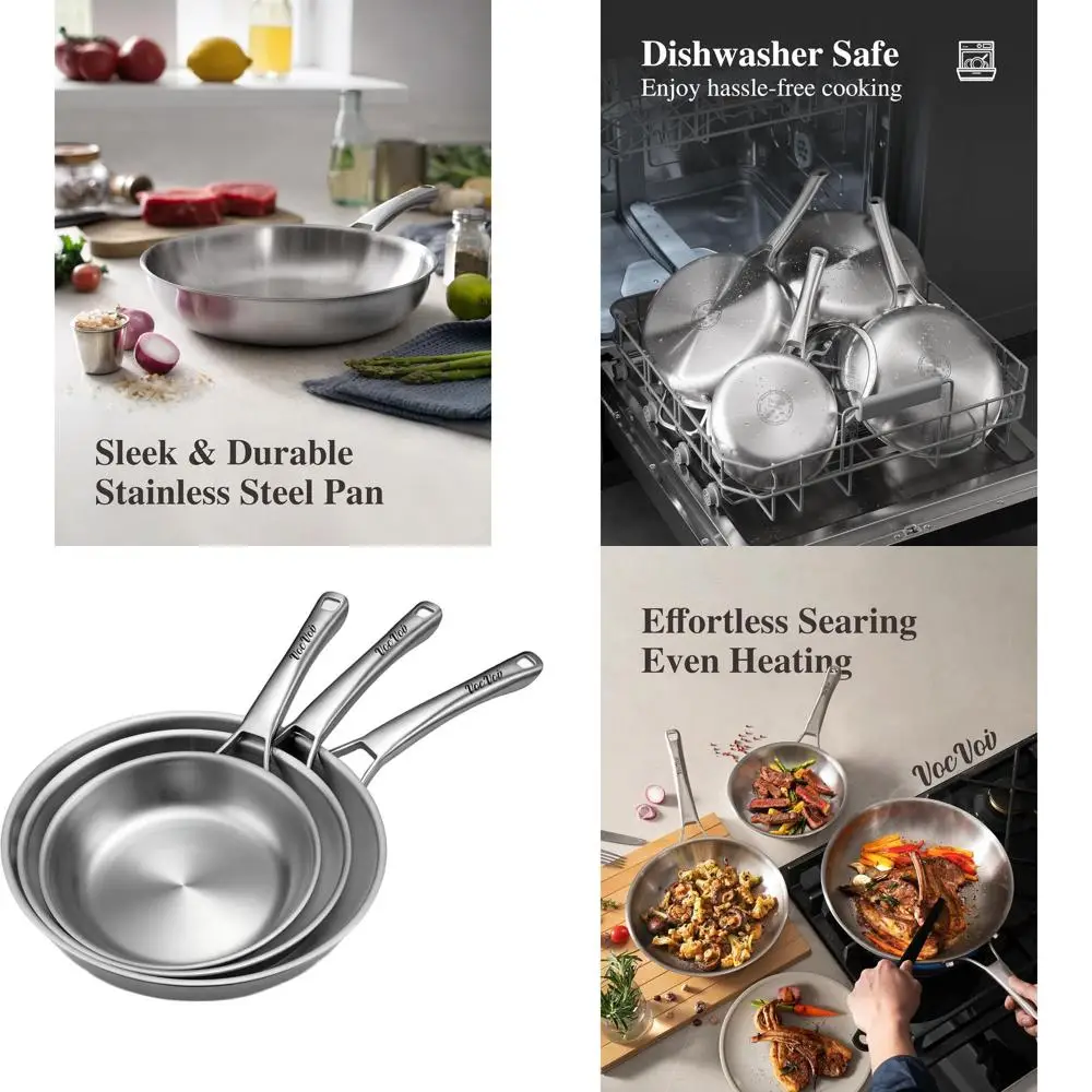 

Stainless Steel Triple Pan Set, Chef's Frying Pans (8, 10, 12), PFOA & PTFE-Free, Induction Compatible, Dishwasher and Oven Safe