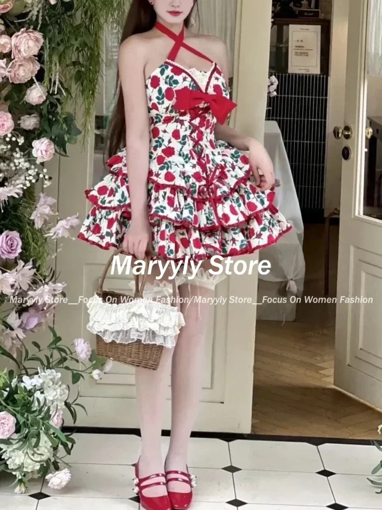 Summer Sweet Lolita Princess Dress Women Vintage Elegant Bow Flower Print Party Mini Dress Female Hot Girl Sexy Slim Strap Dress