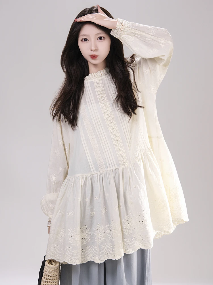 Artisanal Embroidered Lace Patchwork Midi Shirt Women's Autumn Layering Top French Style Stand Collar Long Sleeve Loose Fit