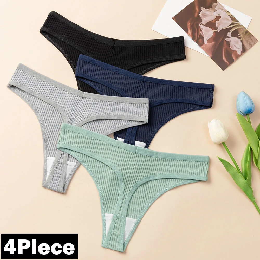 4 unids/set de bragas de algodón para mujer, ropa interior a rayas, tangas deportivas sexis, lencería suave y cómoda, Tanga con espalda en T para mujer