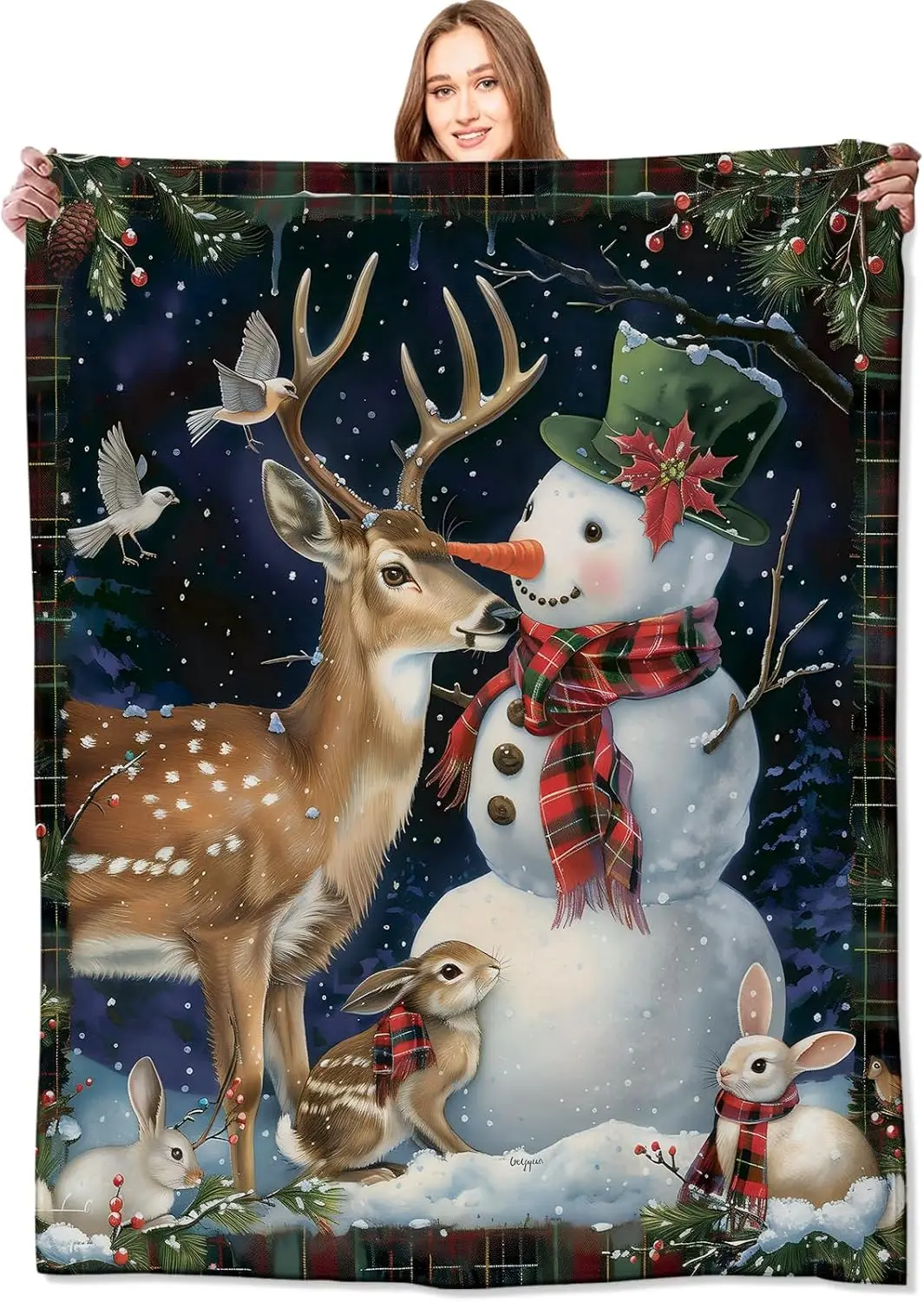 Festive Snowman, Deer & Woodland Friends Blanket Cute Winter Wonderland Throw Blankets, for Kids Girls Women,Lightweight Soft