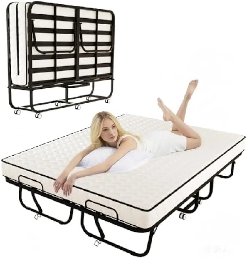 Folding Bed With Memory Foam Mattress, Extra Wide Rollaway Bed Storage Organizer Rack, Heavy Duty Metal Foundation Furniture Holder For Home Guest Room Office, Modern Style,