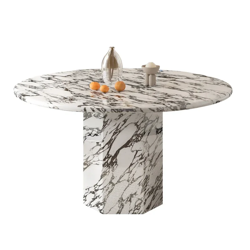 

Marble round dining table French simple light luxury high-end round table with turntable small apartment cream style
