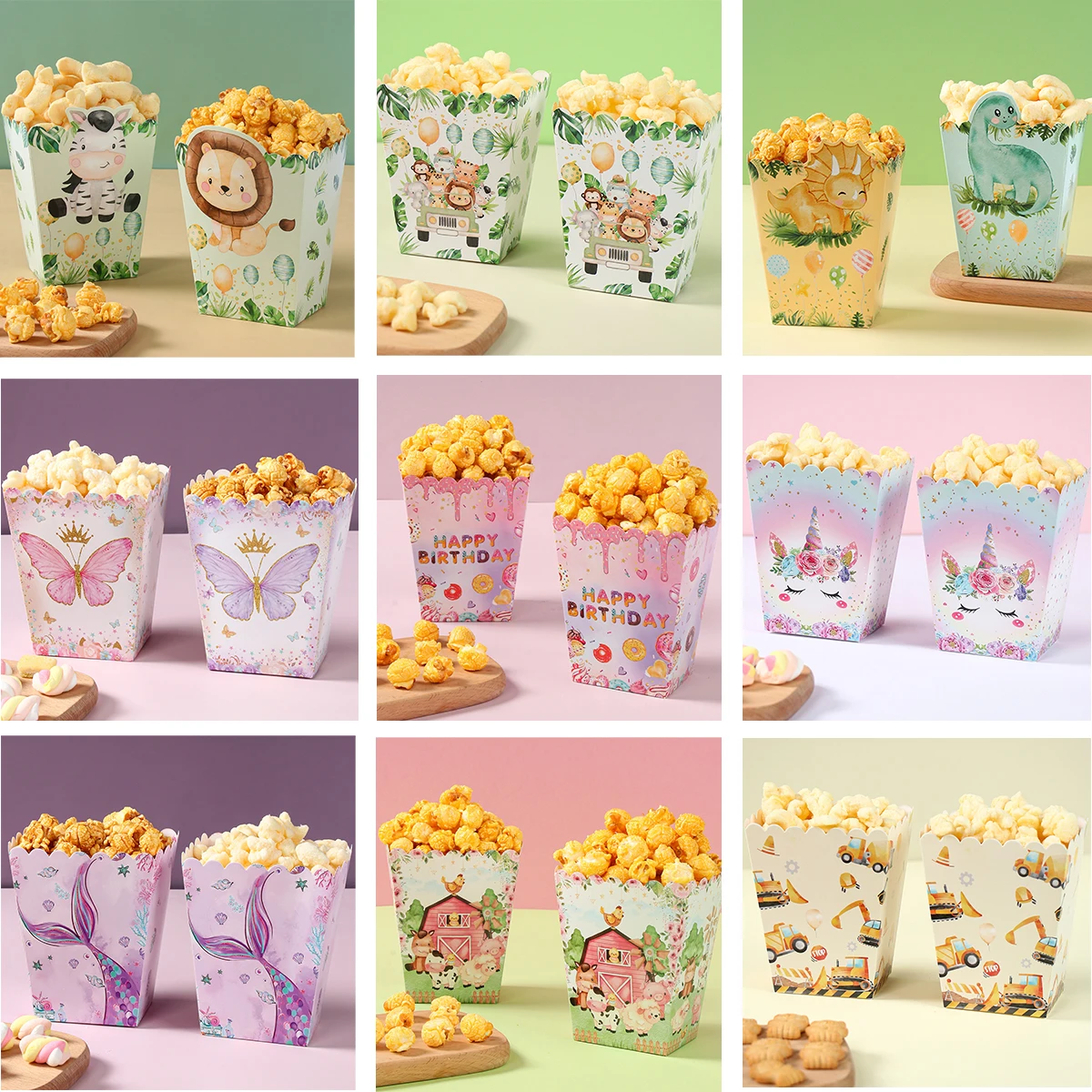 Caja de dulces de palomitas de maíz de Safari de jungla, decoración de fiesta de cumpleaños hawaiana, sirena, mariposa, Donut, fresa, suministros de fiesta de boda, regalos